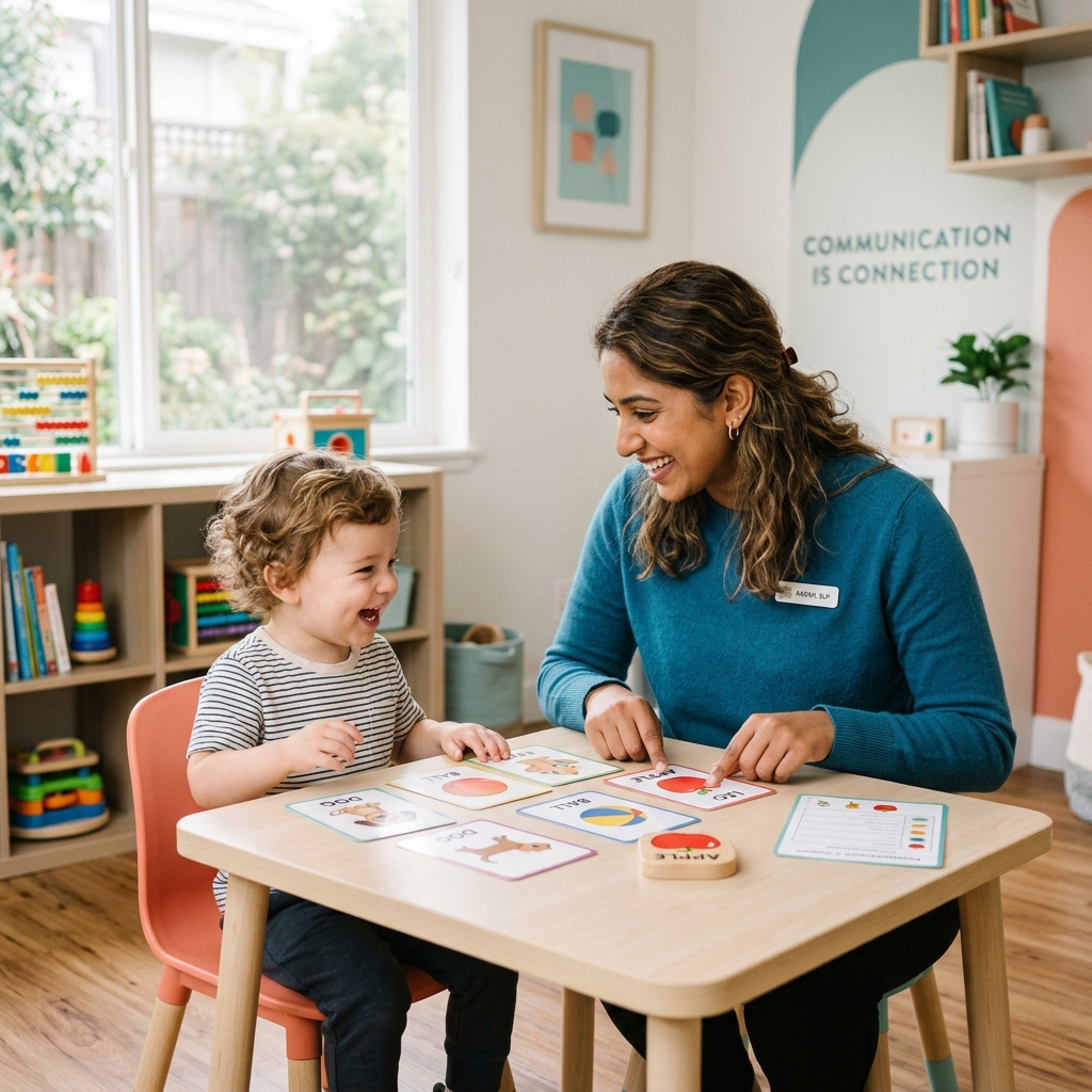 Speech therapist working with a child using speech cards in a warm, modern therapy room